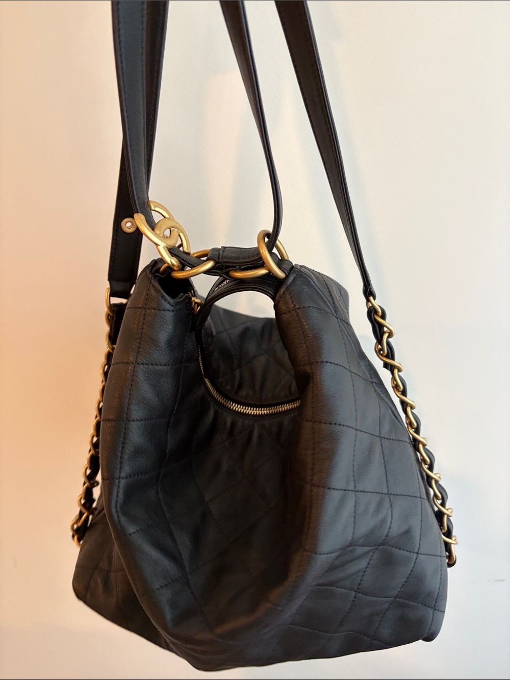 CC Black Quilted Leather Shoulder Bag with Gold Chain Accents
